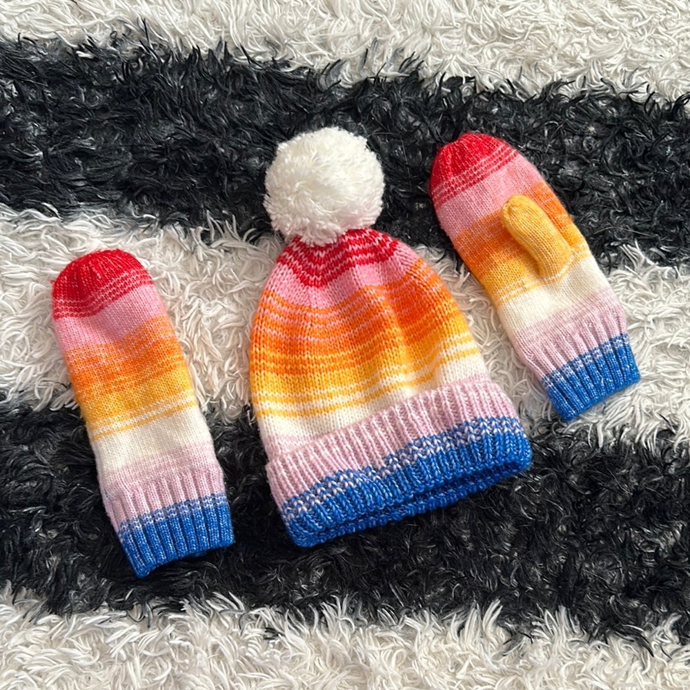 Old Navy Colorful Striped Pom Beanie and Mittens Set, OSFM